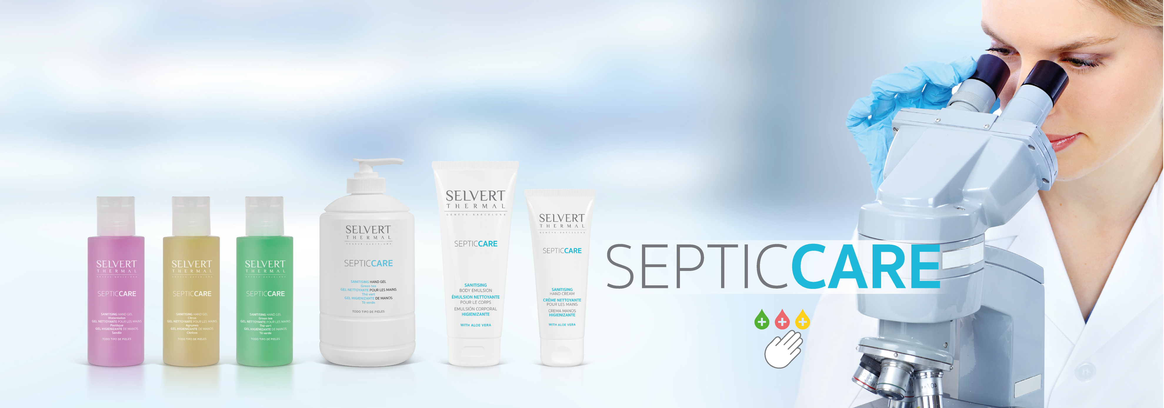 SEPTIC CARE <p>The skin is an essential part of the fight against entry by a wide spectrum of bacteria and viruses. That is why we need to care for your skin and pamper it, to keep it protected from harmful external factors.</p>
<p>Selvert Thermal presents <strong>SEPTIC CARE</strong>, a complete sanitising and moisturising line which protects the natural skin barrier thanks to its well-researched formulation, and which helps to introduce new protective beauty routines day after day.</p>
<p>&nbsp;</p>
<p><strong>Sanitising hand cream:</strong> provides deep hygiene to the skin of the hands while moisturising them all day long thanks to aloe vera, shea butter and calendula oil.</p>
<p>Main ingredients: D-Panthenol, calendula oil, Shea butter, aloe vera, Alpha-bisabolol and BC antiseptic agent.</p>
<p>&nbsp;</p>
<p><strong>Sanitising body emulsion:</strong> helps to achieve deep skin hygiene along with optimal hydration thanks to its formulation with aloe vera, shea butter and calendula oil.</p>
<p>Main ingredients: D-Panthenol, calendula oil, Shea butter, aloe vera, Vitamin E, Alpha-bisabolol and BC antiseptic agent.</p>
<p>&nbsp;</p>
<p><strong>Sanitising hand gel. Watermelon.</strong></p>
<p>This formulation helps to achieve deep and thorough hand hygiene without the need for water. With a pleasant watermelon fragrance.</p>
<p>Main ingredients: natural vegetable alcohol 70%, D-Panthenol.</p>
<p><strong>&nbsp;</strong></p>
<p><strong>Sanitising hand gel. Citrus.</strong></p>
<p>This formulation helps to achieve deep and thorough hand hygiene without the need for water. With a fresh perfume of citrus notes.</p>
<p>Main ingredients: natural vegetable alcohol 70%, D-Panthenol.</p>
<p>&nbsp;</p>
<p><strong>Sanitising hand gel. Green tea. </strong></p>
<p>This formulation helps to achieve deep and thorough hand hygiene without the need for water. With a fresh perfume of green tea.</p>
<p>Main ingredients: natural vegetable alcohol 70%, D-Panthenol.</p>