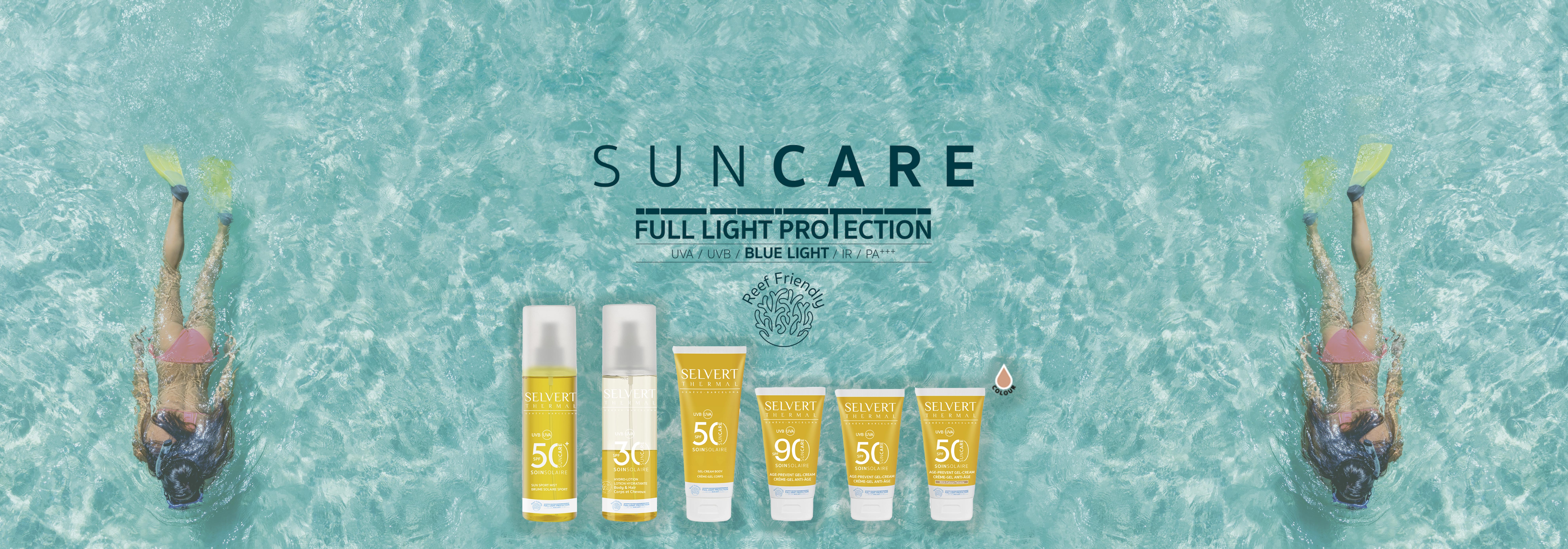 SUN CARE <p>WE PROTECT YOUR SKIN. WE PROTECT THE PLANET</p>
<p>&nbsp;</p>
<p>New facial and body sun care line providing latest-generation lightweight textures, protecting the skin from photoageing while preserving the marine ecosystem thanks to our Reef Friendly formula.<br />The entire range has been formulated with our revolutionary Full Light Protection technology as well as Pro-Vitamin D&reg;, an active ingredient that promotes the synthesis of Vitamin D in the skin, helping to improve its barrier function.<br />Products are fragranced with a delicious blend of citrus and vanilla notes and are water resistant.</p>
<p>&nbsp;</p>
<p>Thanks to this innovative technology, the skin is protected from a broad spectrum of radiation, preventing photoageing.</p>
<ul>
<li>UVB + UVA protection</li>
<li>IR protection (infrared radiation)</li>
<li>Blue light protection (electromagnetic waves emitted by screens)<br /><br /></li>
</ul>
<p style="text-align: center;">We have always taken care of your skin. Now we&rsquo;re also committed to the planet.</p>
<p><br />That&rsquo;s why the entire Selvert Thermal sun care range has been formulated to be <strong>100% free of Oxybenzone and Octinoxate</strong>, components that severely damage coral reefs around the world.</p>
